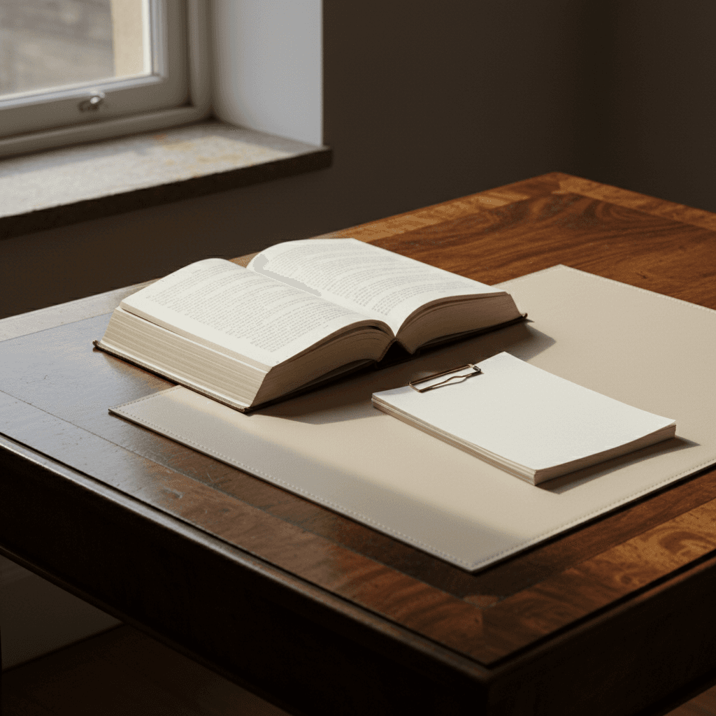 Walnut desk surface from the DRG Law visual identity
