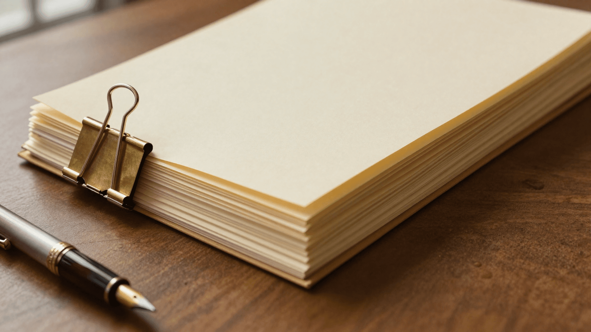 Top-down view of a single brass binder clip pinning a stack of folded cream-colored letters slightly fanned out, fountain pen with oxblood cap beside the stack, on a walnut desk in warm afternoon light