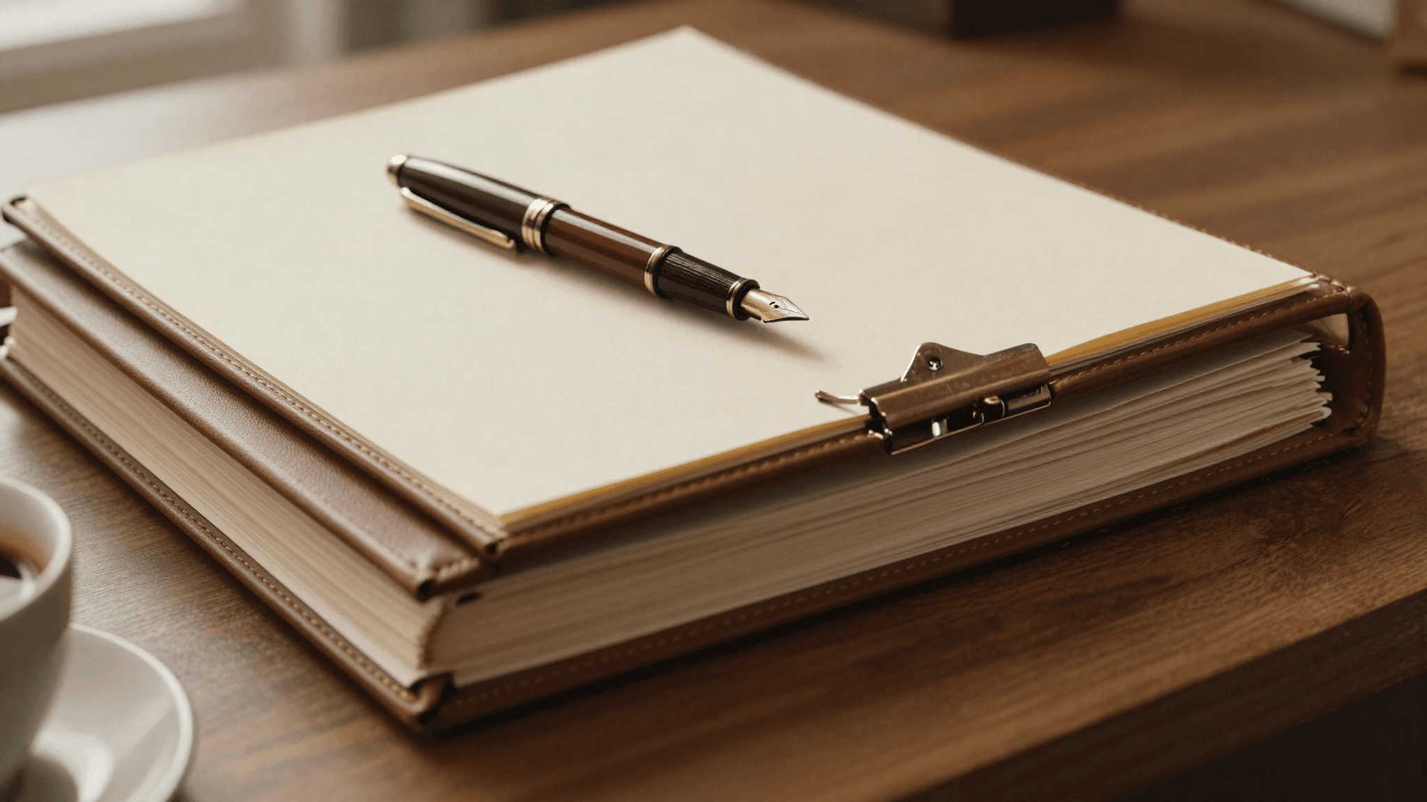 Top-down view of two stacked closed leather-bound files separated by a brass divider clip, fountain pen with oxblood cap diagonal across the top file, ceramic coffee cup partially visible, on a walnut desk in warm afternoon light