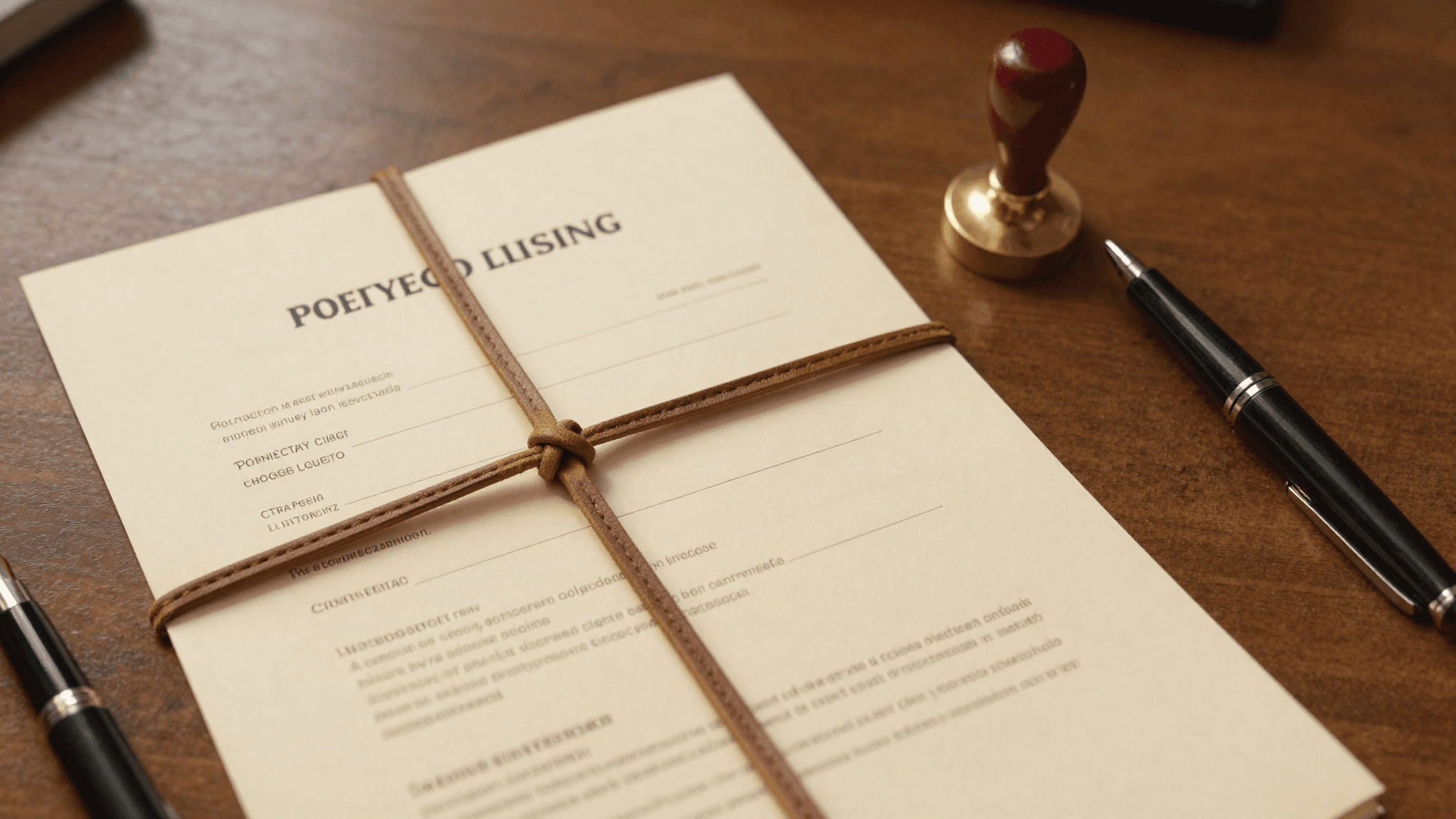 Top-down view of a folded property closing memorandum tied with a brass-trim leather cord, brass mortgage discharge stamp and fountain pen beside it, on a walnut desk in warm afternoon light