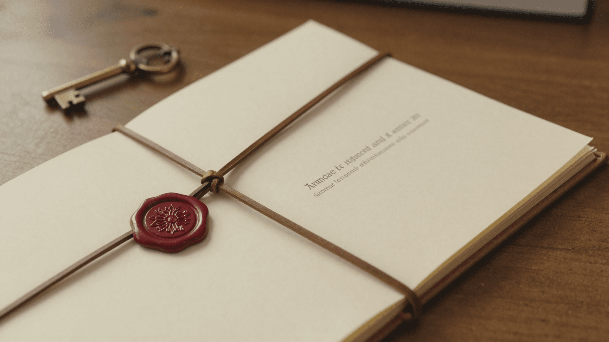 Top-down view of a folded family document tied with leather ribbon and sealed with an oxblood wax seal, small antique brass key beside it, on a walnut desk in warm afternoon light