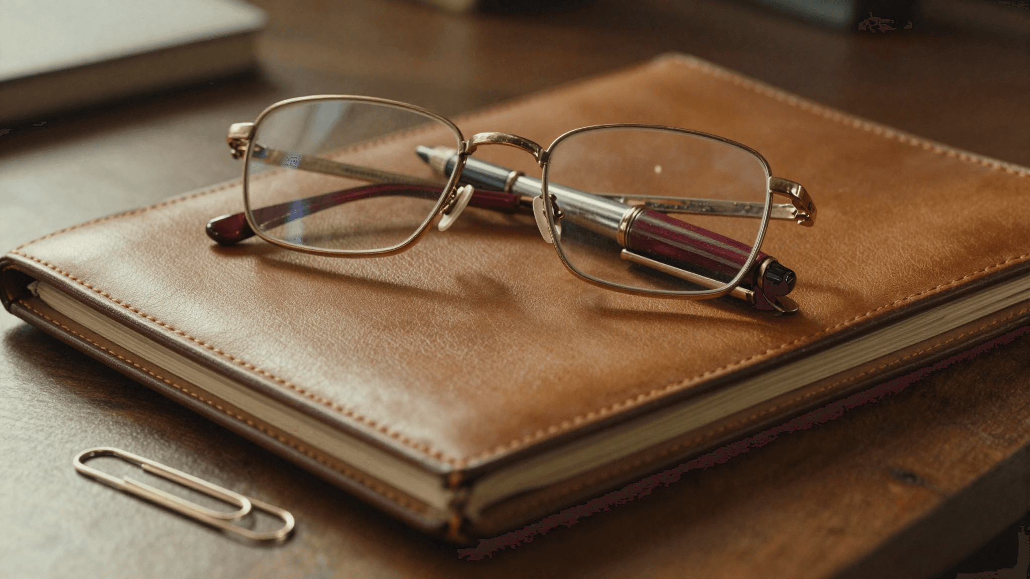Vintage reading glasses with brass frames resting on top of a closed leather portfolio, fountain pen with oxblood cap diagonal across, brass paper clip in foreground, on a walnut desk in warm side light