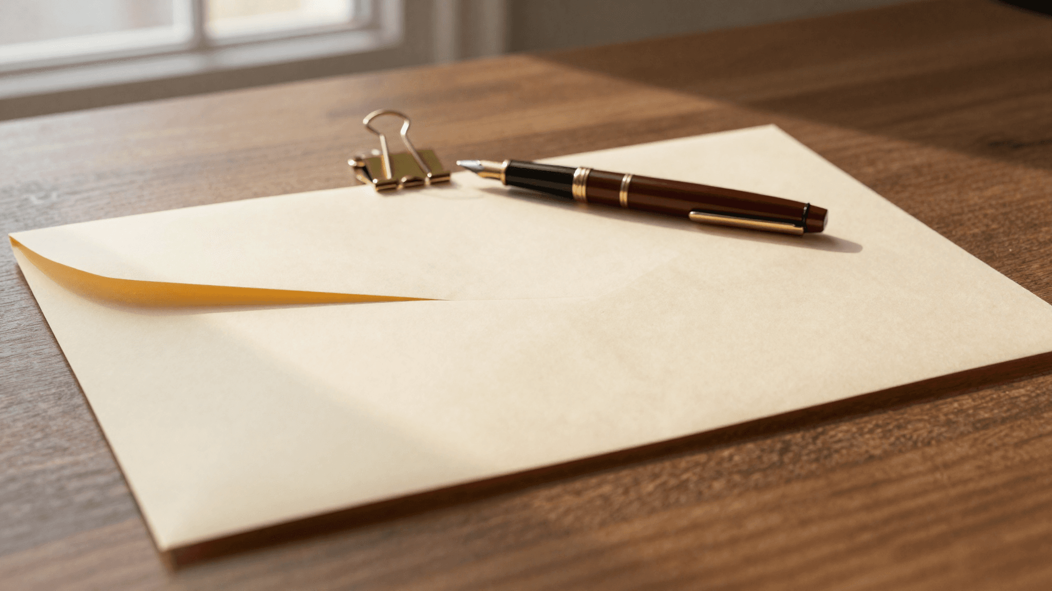 Two paired cream-colored folded letters held by a brass binder clip, fountain pen with oxblood cap beside them, on a walnut desk in warm afternoon light