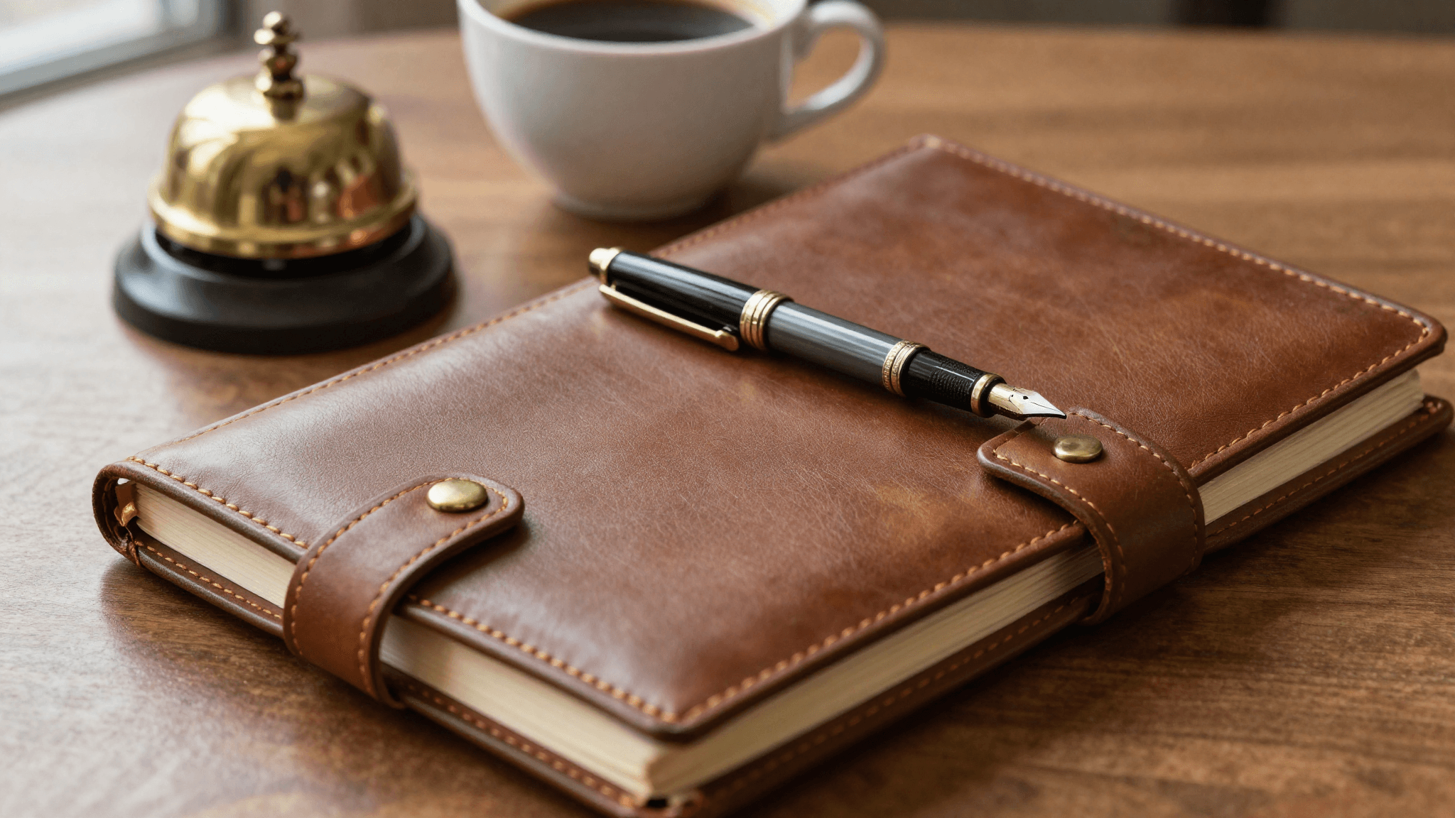 Closed leather-bound journal with a brass strap-buckle, fountain pen with oxblood cap diagonal across the cover, ceramic coffee cup at the edge of a walnut desk in warm light