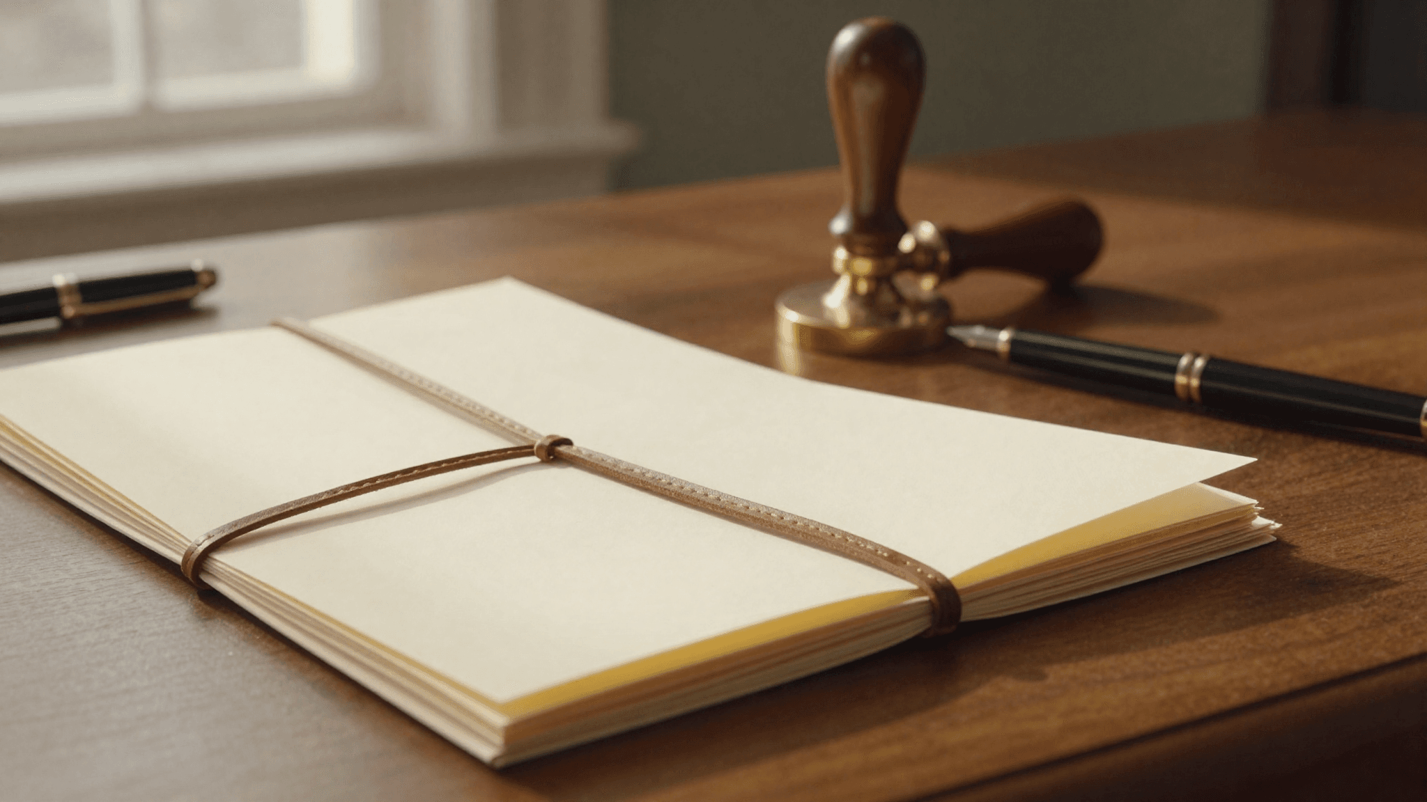 Ornate brass notary seal stamper resting on a walnut desk beside a tightly folded cream document tied with a leather ribbon, fountain pen with oxblood cap nearby