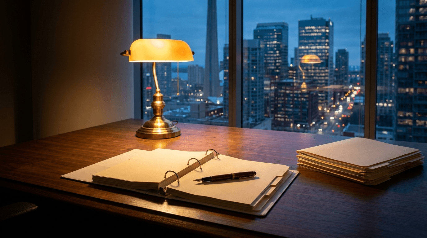 Open ring binder with cream divider tabs and a fountain pen on a walnut desk, warm brass lamp casting amber light, blurred Toronto city skyline visible through the window at dusk
