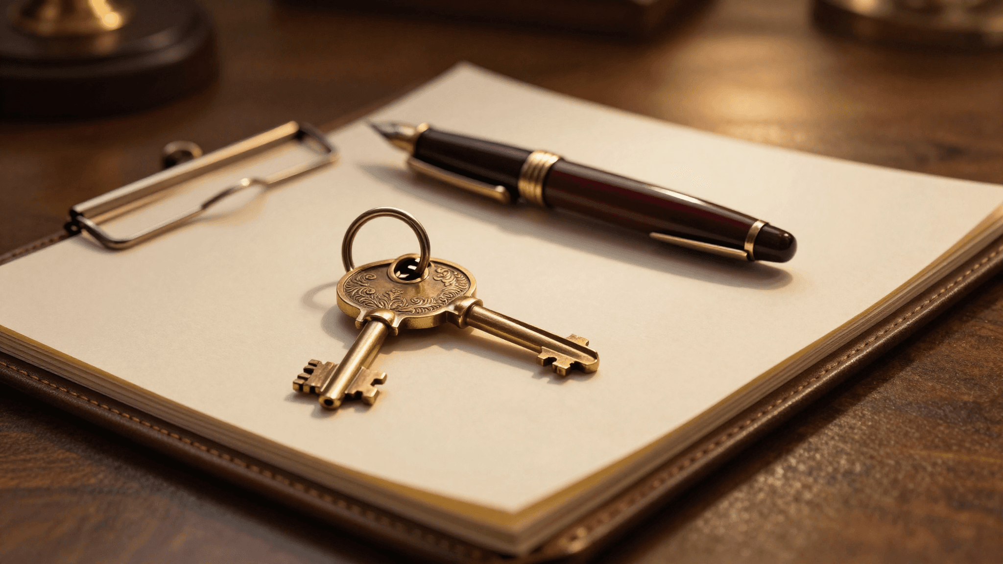 Two ornate brass house keys on a brass keyring resting on a closed leather closing-documents folio, fountain pen with oxblood cap nearby, on a walnut desk in warm side light