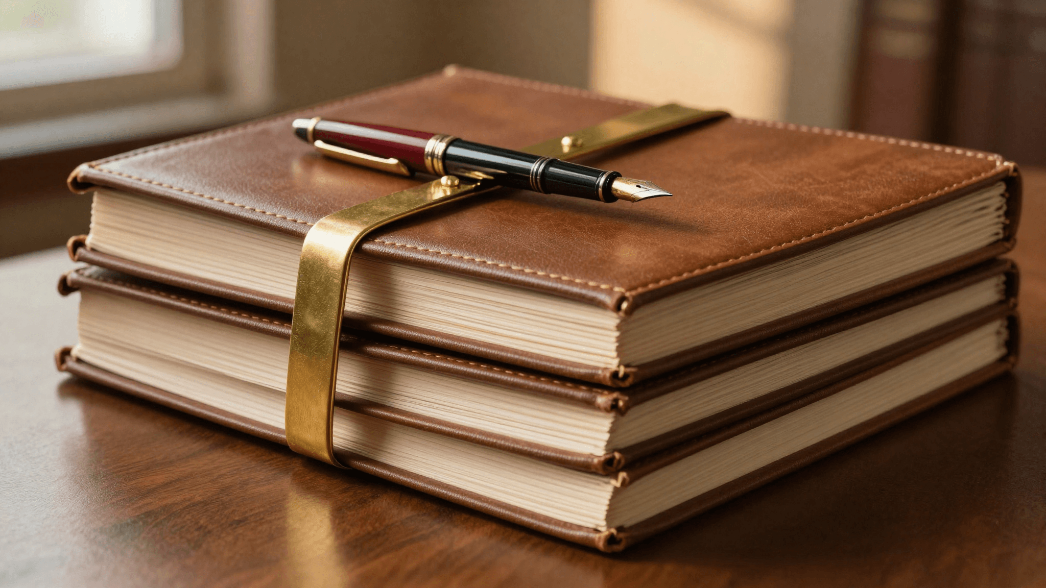 Stack of three closed leather-bound corporate records ledgers tied together with a brass strap clip, fountain pen with oxblood cap resting on top, on a walnut desk in warm afternoon light