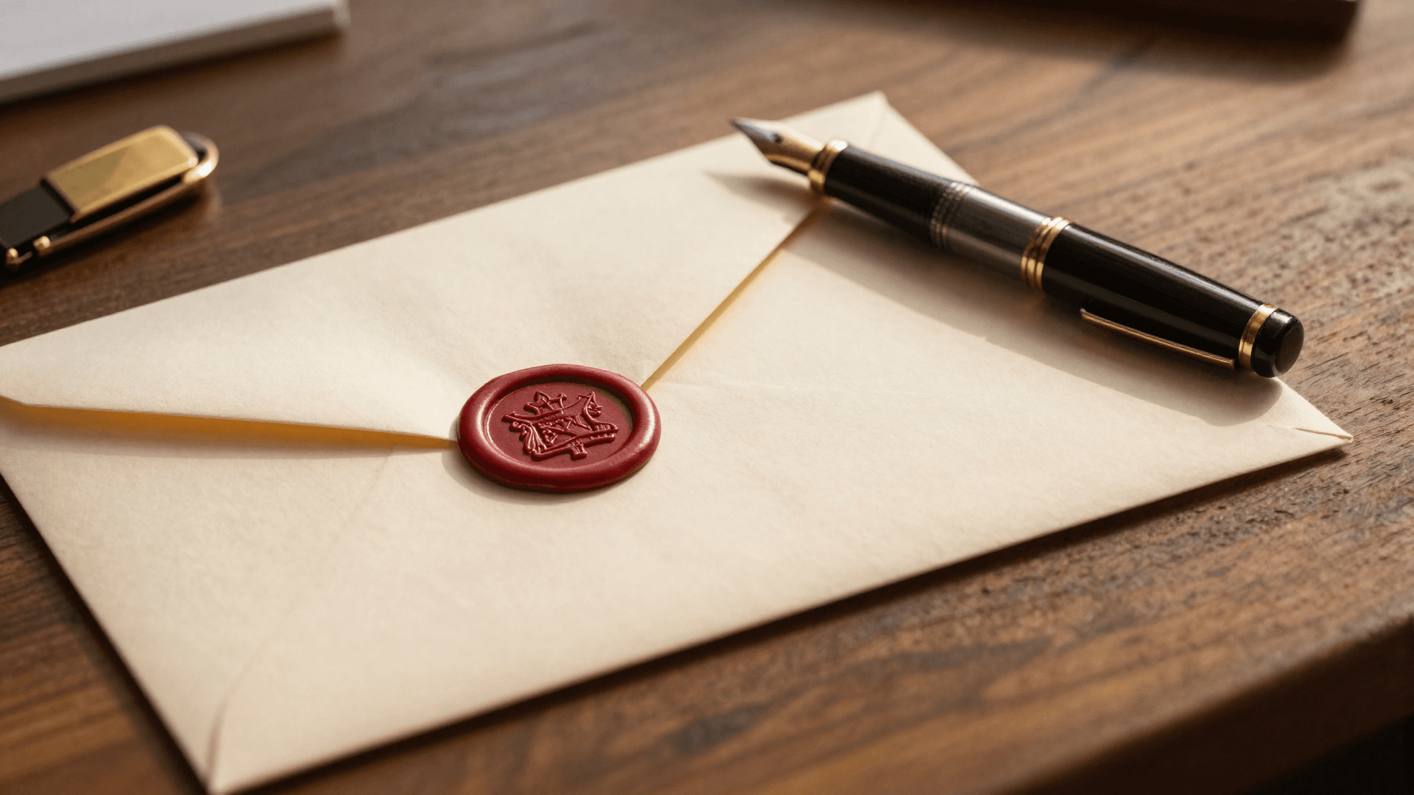 Cream-colored envelope sealed with a fresh oxblood wax seal, brass letter opener and fountain pen beside it, on a walnut desk in warm afternoon light