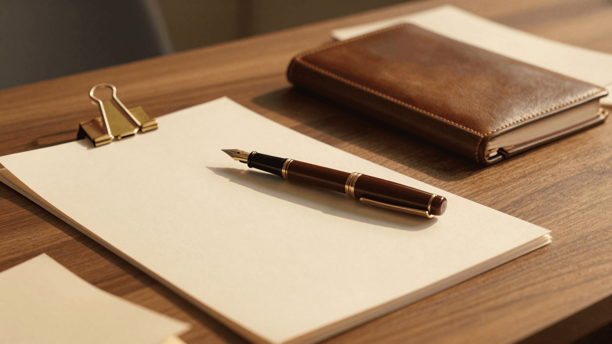 A lawyer's desk with legal papers and warm material details