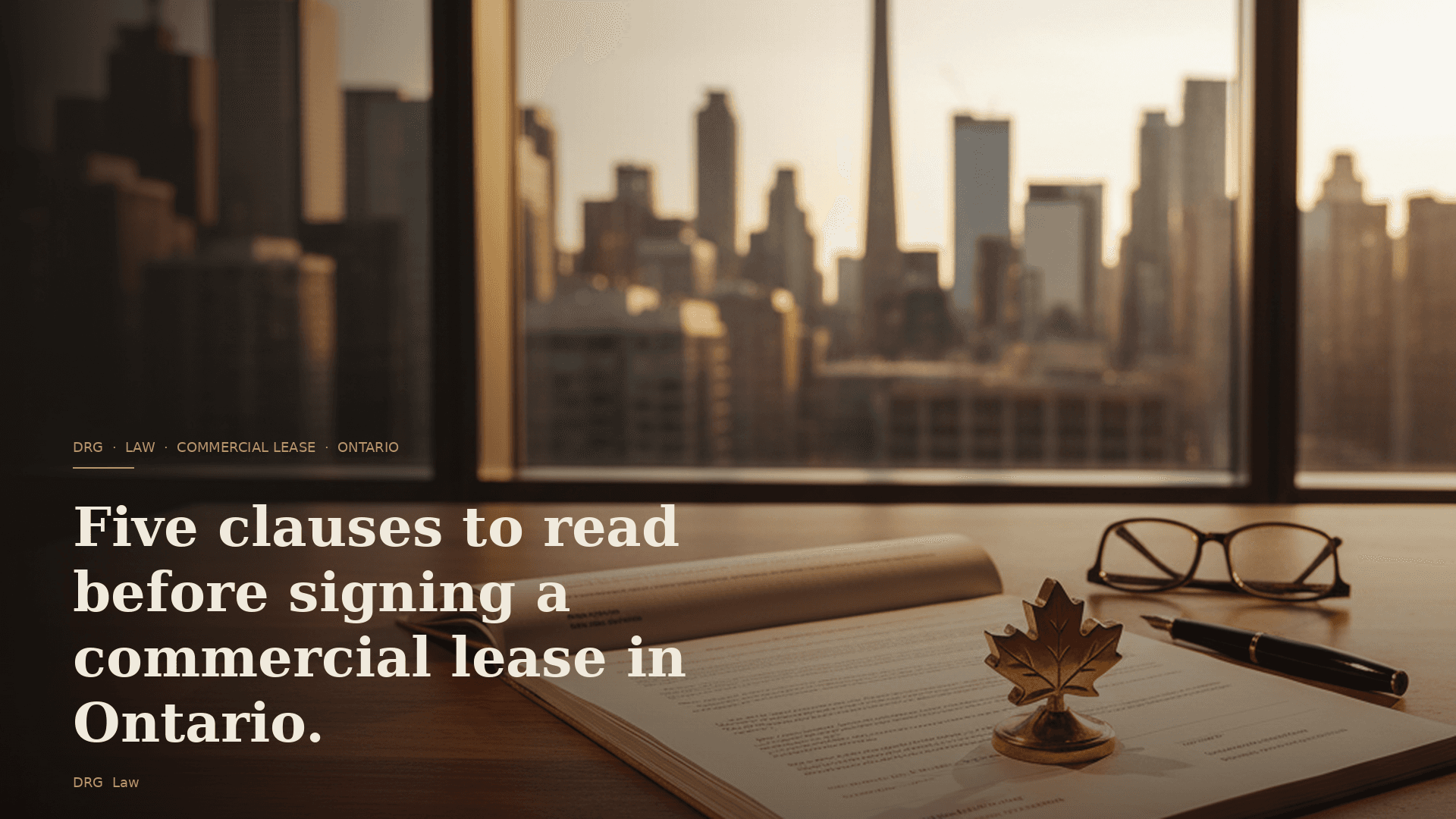 A printed commercial lease document on cream paper, anchored by a brass paperweight and a black fountain pen, on a walnut desk in warm afternoon light