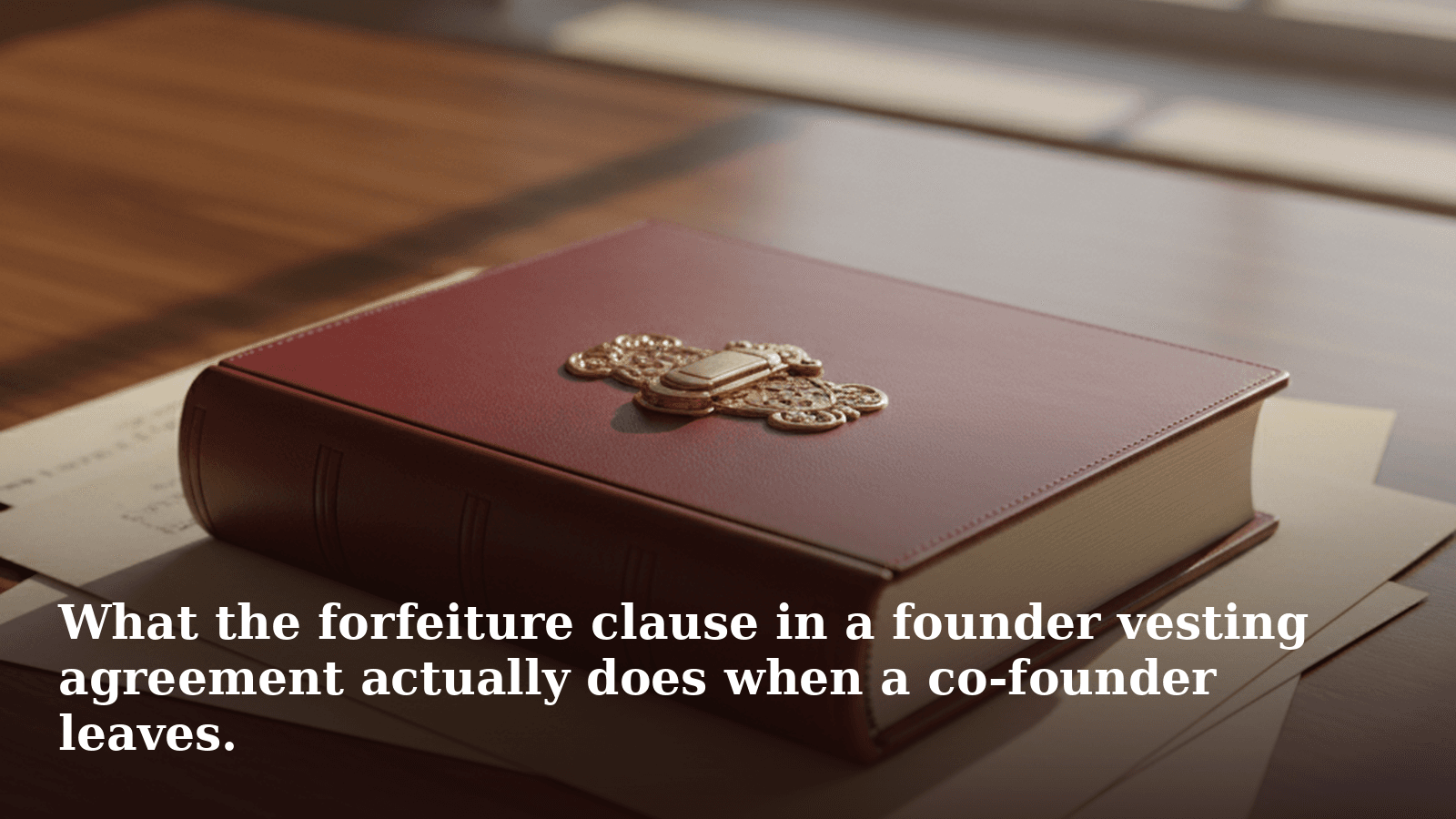 A closed burgundy leather ledger with an ornate brass clasp resting on loose cream paper on a walnut desk