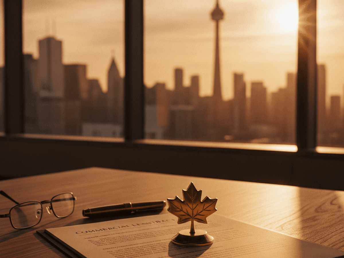 A commercial lease document on a walnut desk beside glasses, a fountain pen, and a brass maple-leaf paperweight in warm Toronto light