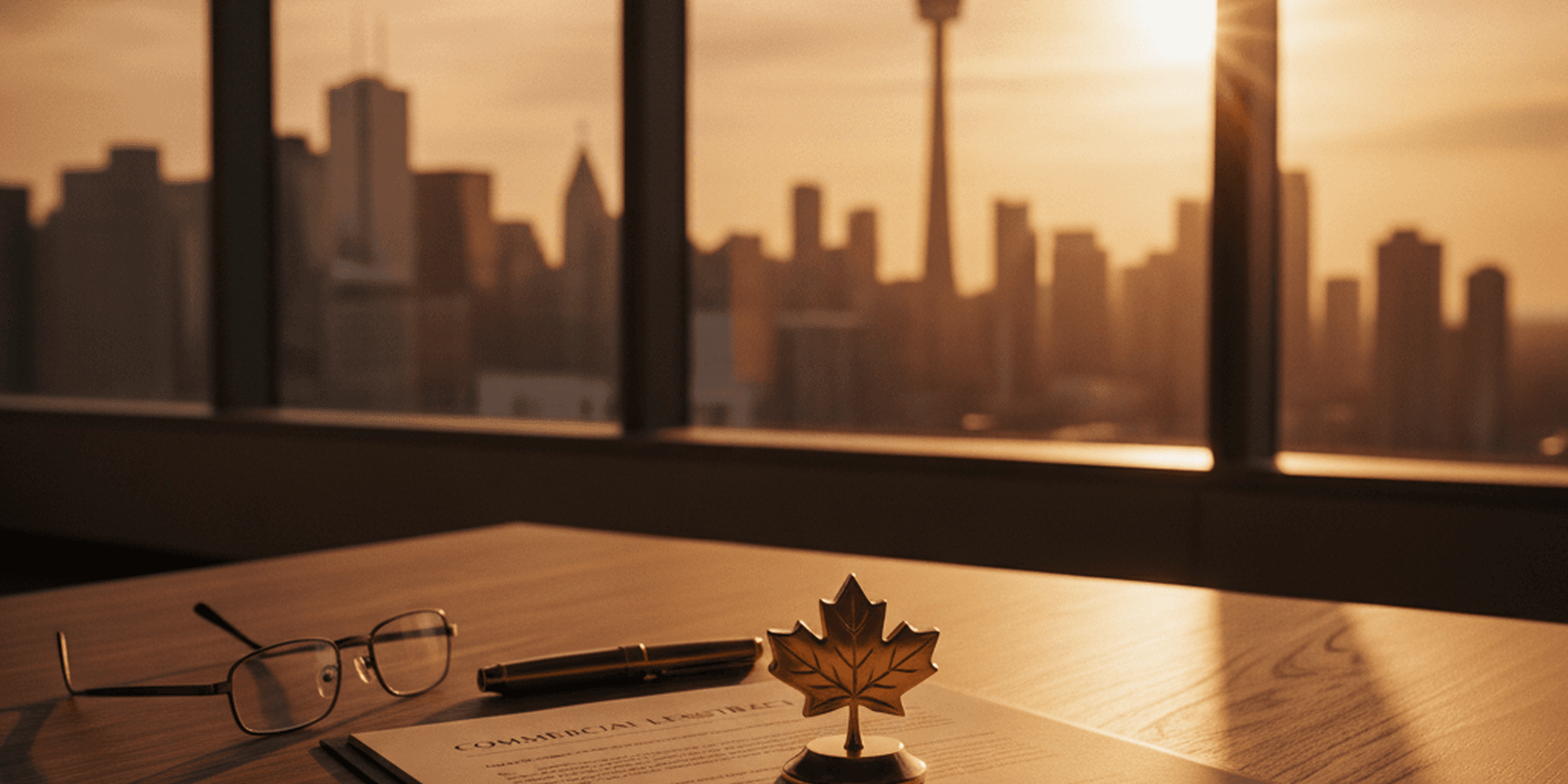 A commercial lease document on a walnut desk beside glasses, a fountain pen, and a brass maple-leaf paperweight in warm Toronto light