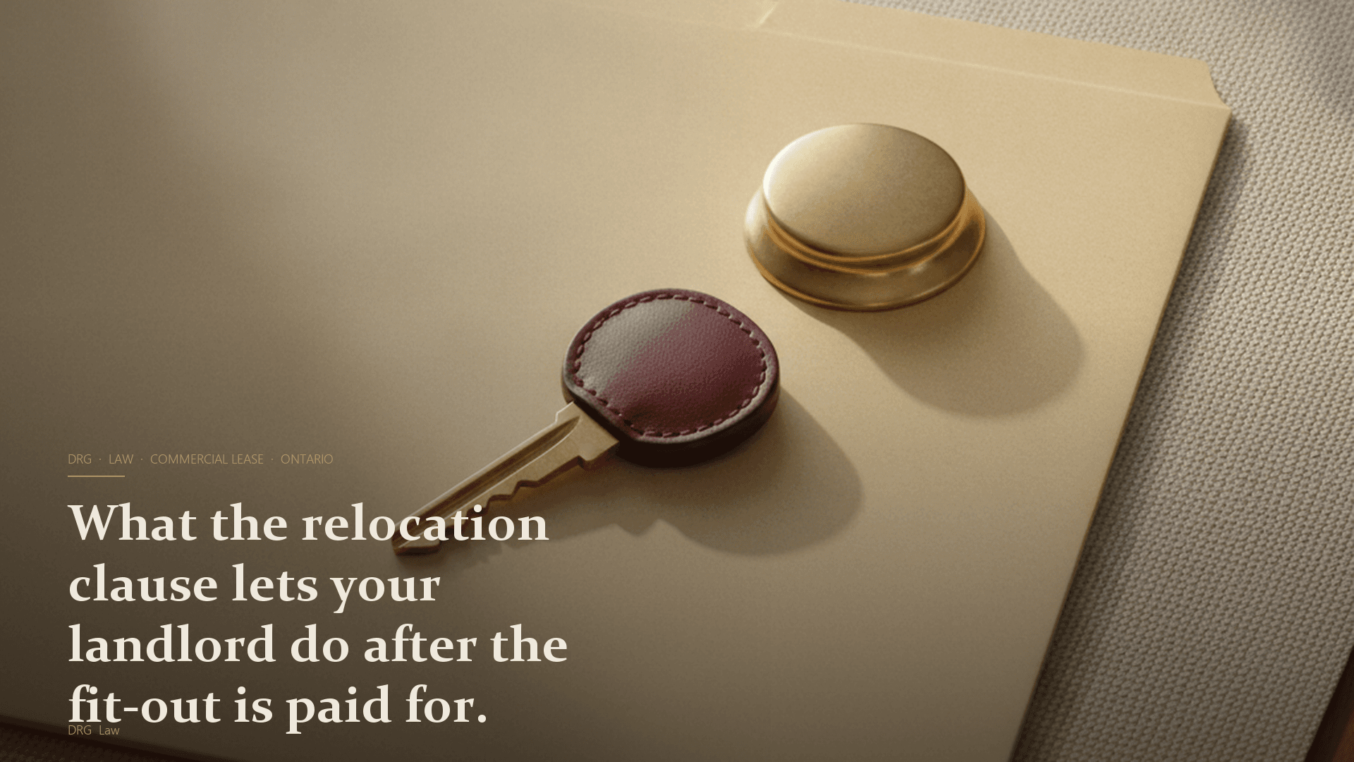 A brass commercial-property key with a small oxblood leather fob, resting on a closed manila file folder sealed with a small brass paperweight, on a walnut desk surface in warm morning side-light