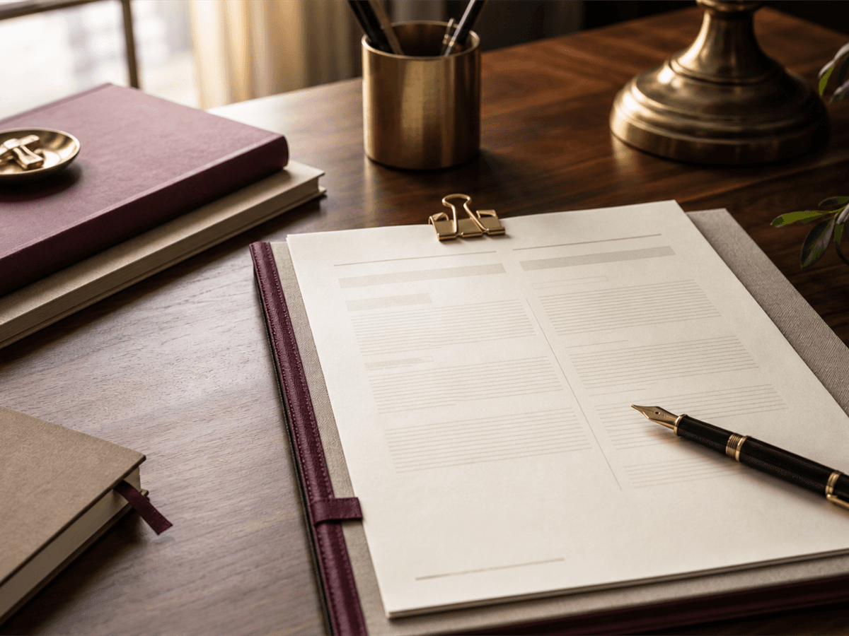 A brass door key resting beside a folded lease renewal notice on cream paper, anchored by a small brass paperweight on a walnut desk surface in warm morning side-light