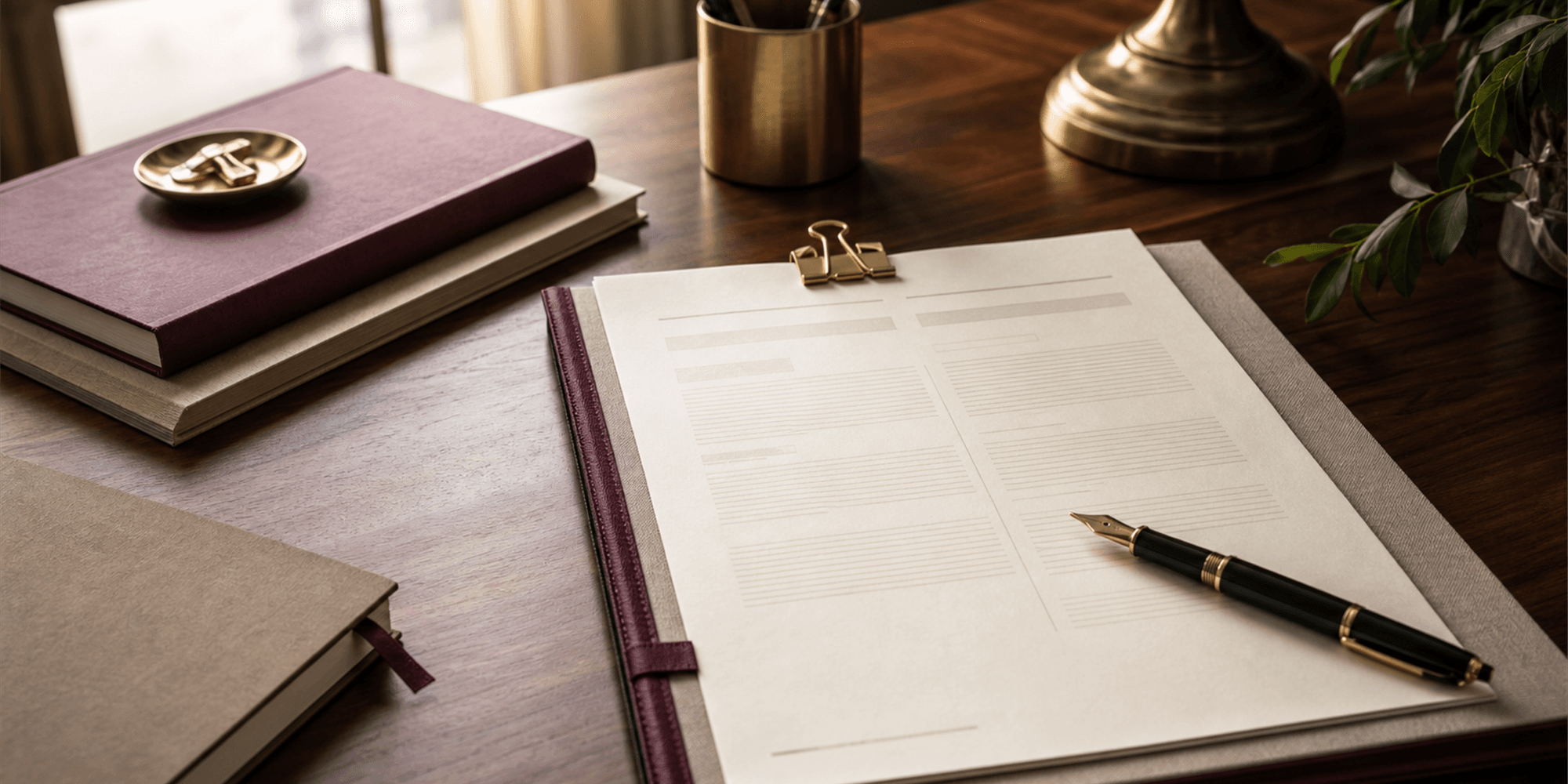 A brass door key resting beside a folded lease renewal notice on cream paper, anchored by a small brass paperweight on a walnut desk surface in warm morning side-light