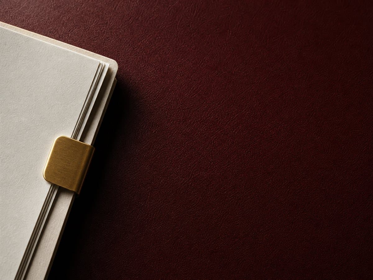 A brass key clasping legal papers on an oxblood surface