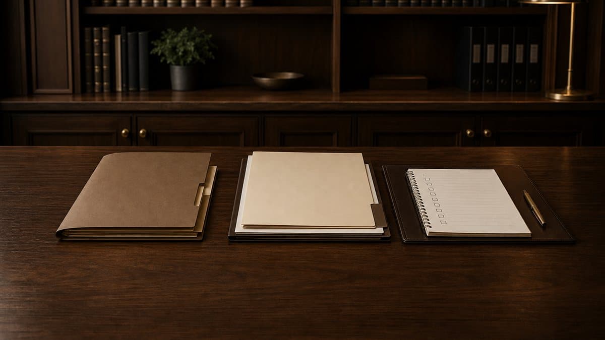 A brass key on an oxblood leather fob beside legal papers on a walnut desk