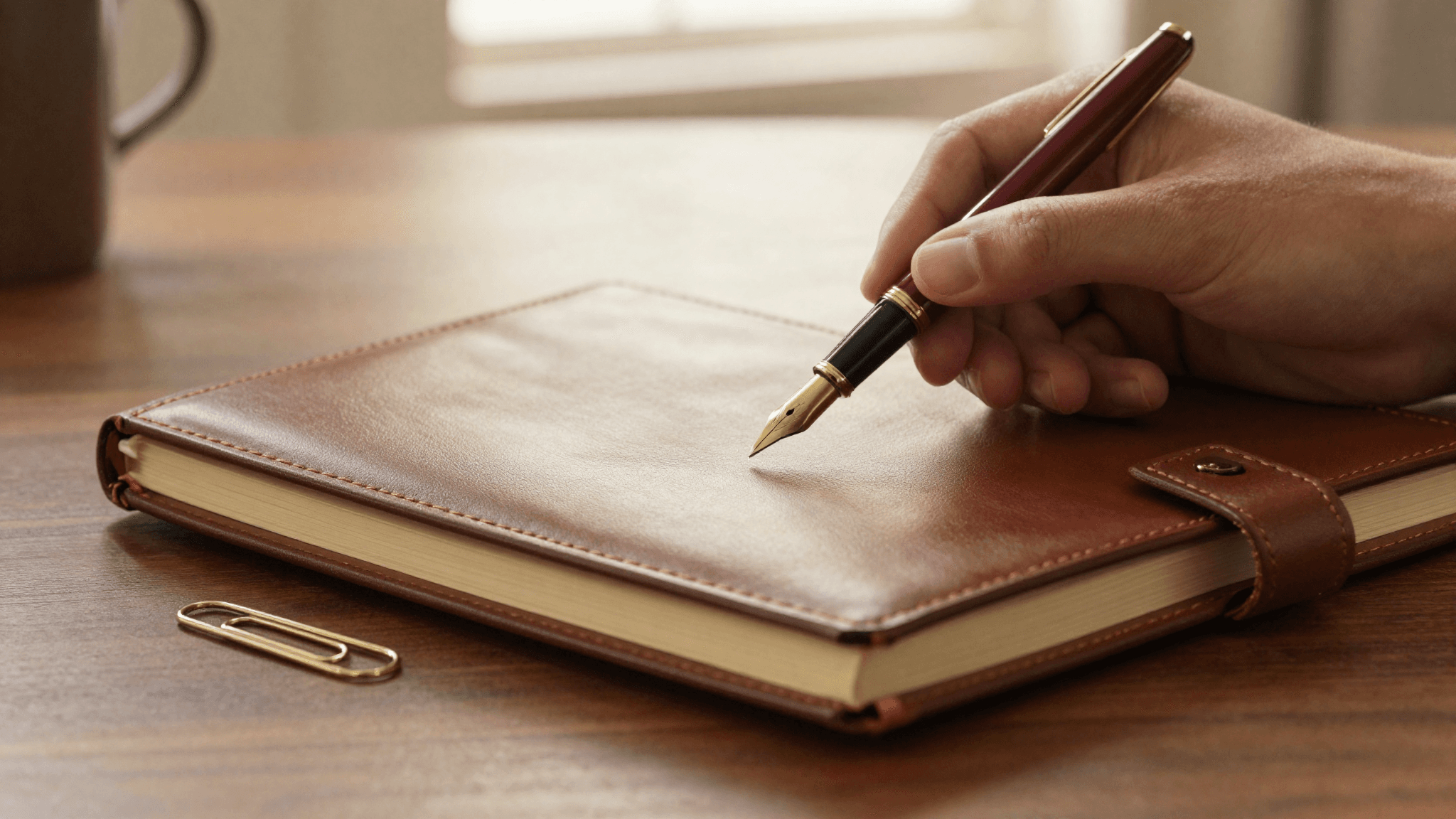 A hand reaching toward an open leather notebook on a walnut desk under a brass desk lamp, abstract oxblood notations visible on the page, fountain pen and cream papers beside the notebook