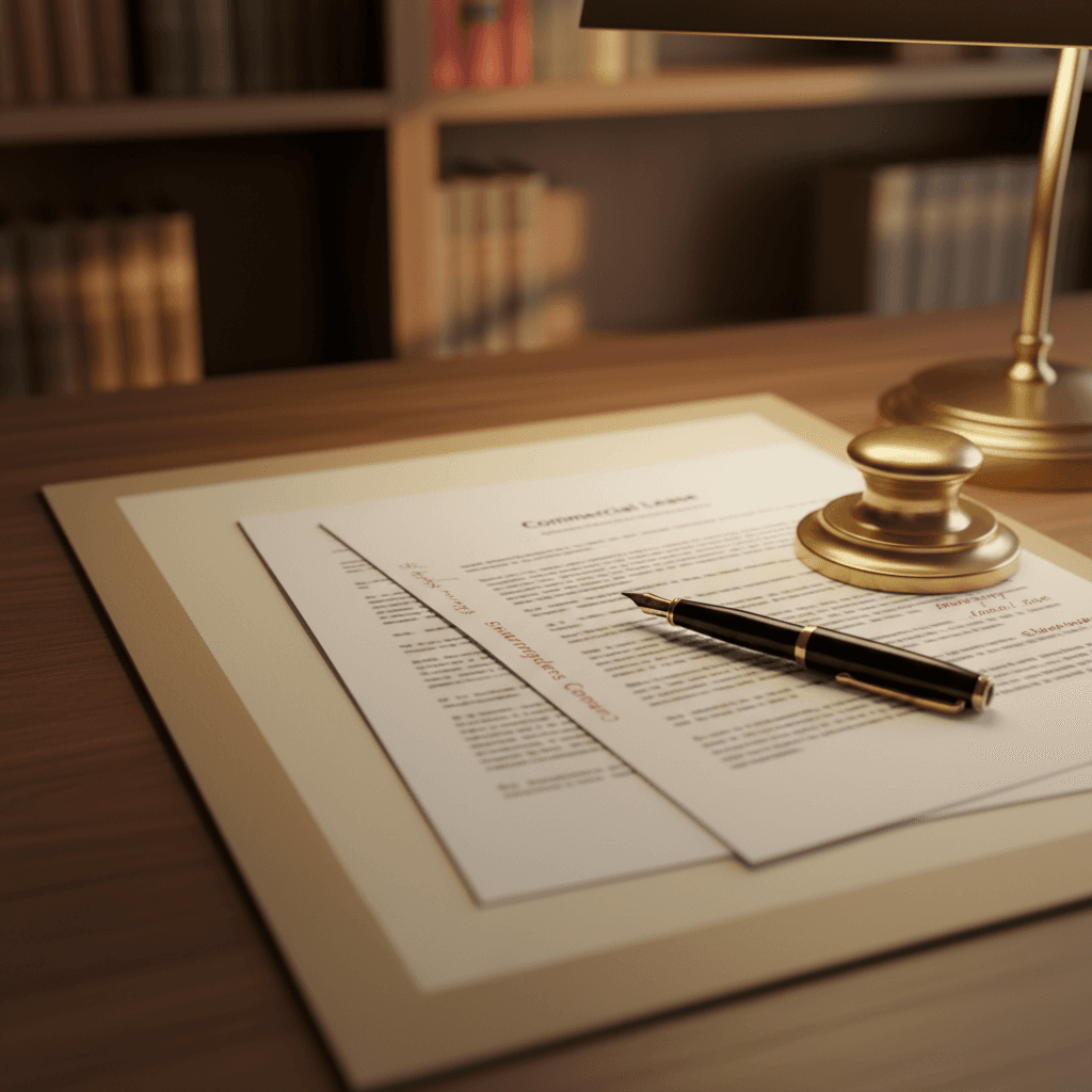 Three legal documents on cream paper arranged on a walnut desk with a brass paperweight, fountain pen, and cream blotter in warm afternoon light